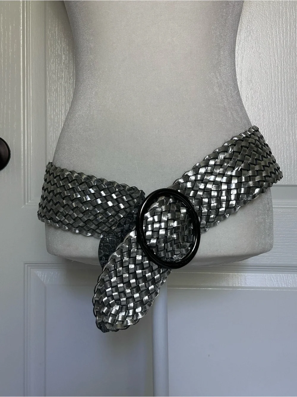 Silver Woven Statement Wide Belt with Oval Buckle Leather Adjustable